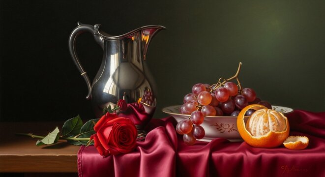 Still life silver pitcher grapes rose