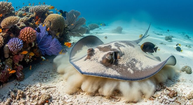 Stingray swimming coral reef