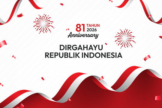 Dirgahayu Republik Indonesia 81 Years Anniversary 2026 vector template background with red white ribbon and fireworks.
