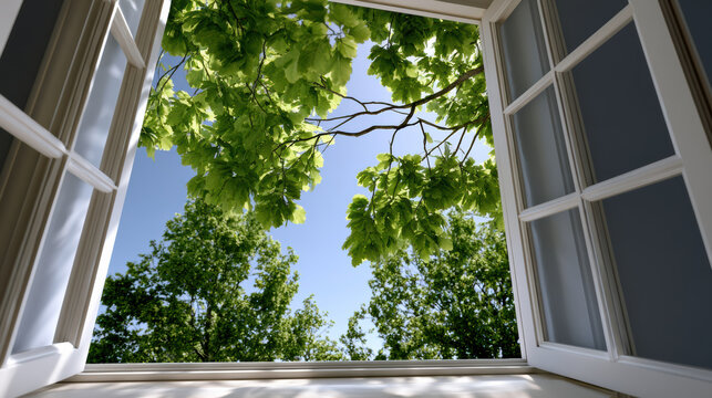 Open window green tree blue sky sunlight fresh air nature summer bright outdoor peaceful view through open window
