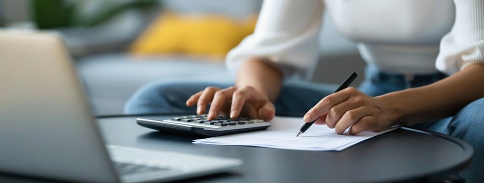 Accounting woman using a calculator for personal finance and budget planning home