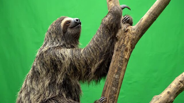 Realistic three-toed sloth slowly climbing a wooden branch against a professional chroma key green screen background