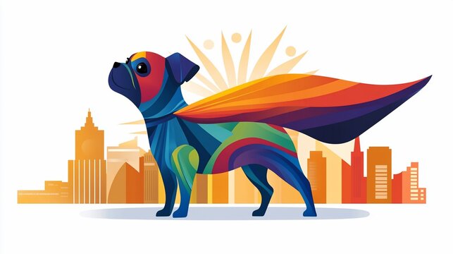 Colorful dog stands, cape, city skyline backdrop with light bursts, cartoon style