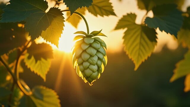 Ripe hop cones growing on a vine in a field at sunset