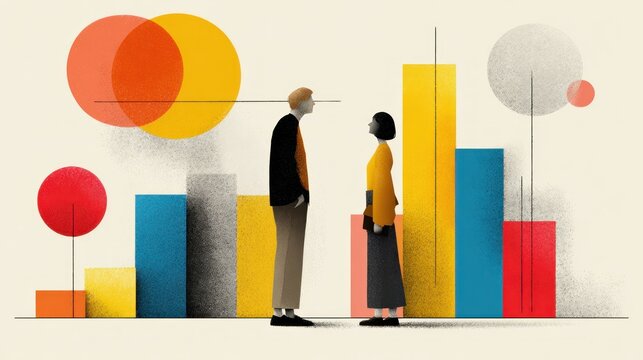 Two figures face each other amidst abstract shapes and graphs