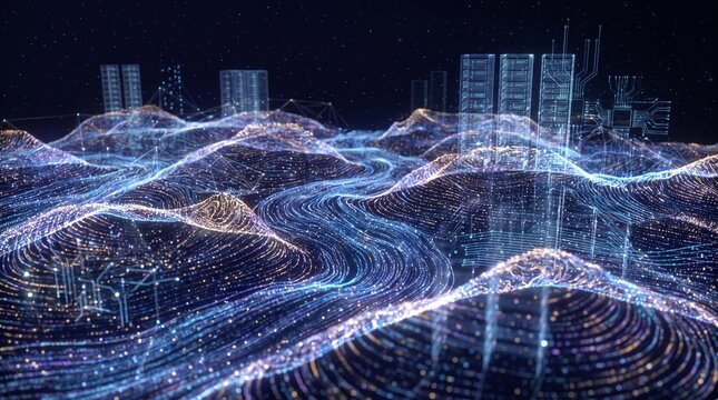 Abstract big data landscape with flowing digital information.