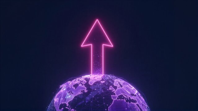 Neon arrow points upward from a digital globe, symbolizing global growth and progress.