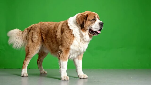 Saint Bernard dog standing on a green screen background looking around and wagging its tail while panting calmly