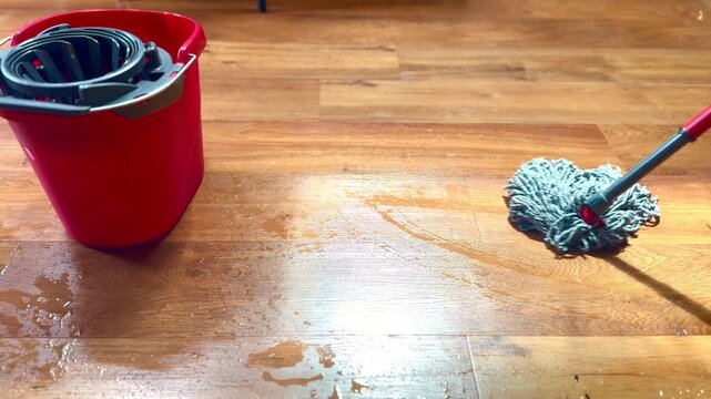 mopping up water on wet modern wooden floor indoors with mop household chore