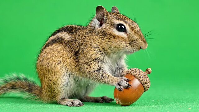 Seamless loop of a small chipmunk sitting and twitching its nose while holding a nut on a solid green background