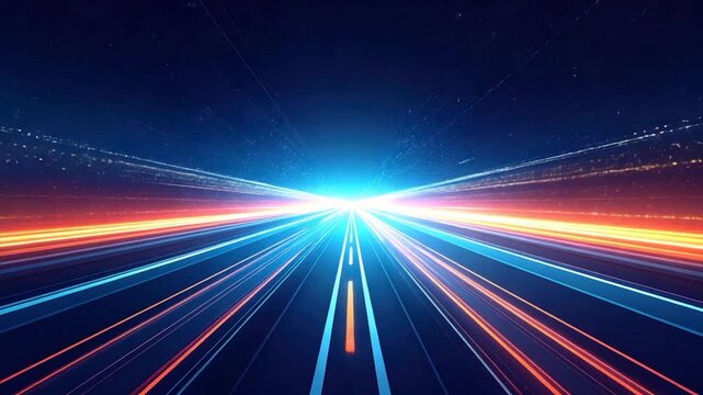A glowing, abstract roadway of light streaks moving towards a bright source