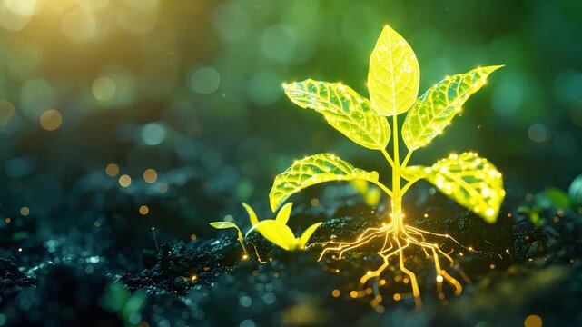 A glowing plant with visible roots in soil. Bokeh lights highlight leaves