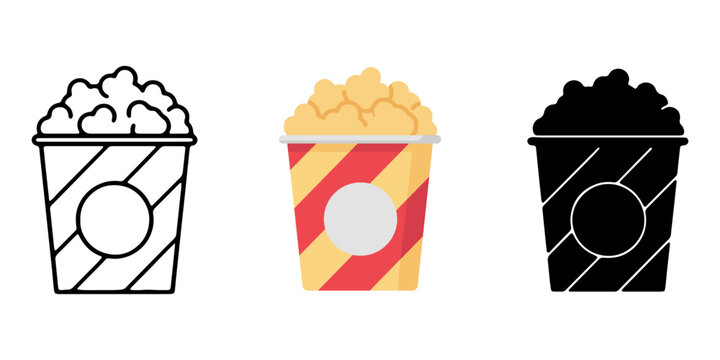 Popcorn buckets arranged in a row display three different styles including outline flat and solid icon.