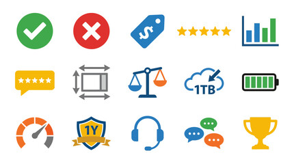 Fototapeta premium Set of Business Icons: Checkmark, Cross, Price Tag, Stars, Chart, Feedback, Scale, Cloud, Battery, Speedometer, Warranty, Headset, Chat, Trophy