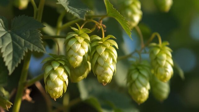 Close up of ripe hop cones swaying on the vine in golden sunlight