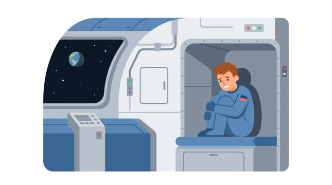 Astronaut Feeling Isolated and Scared Inside Spaceship Cabin with Earth View