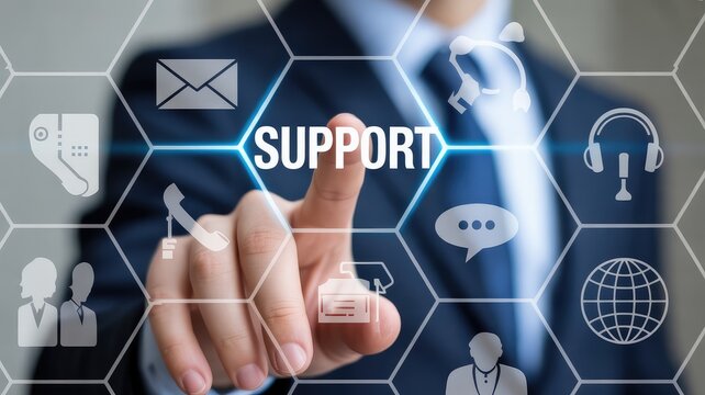 Professional selecting digital support service icon on interactive touchscreen interface with futuristic hexagonal touchscreen business professional touching icon with service desk