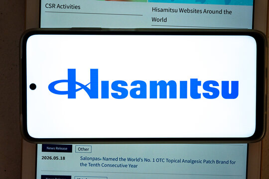 Smartphone displaying hisamitsu pharmaceutical company logo and website