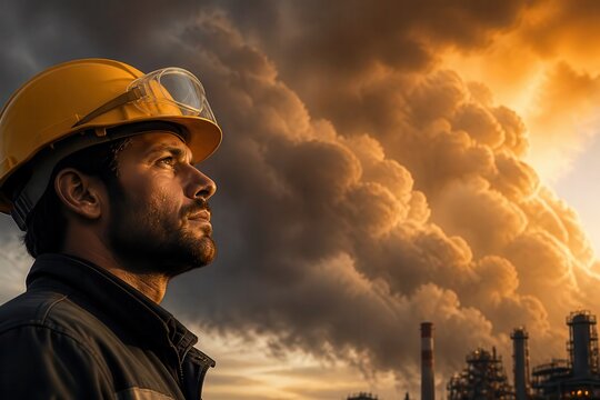 Industrial worker in hard hat watching factory smoke and pollution at sunset