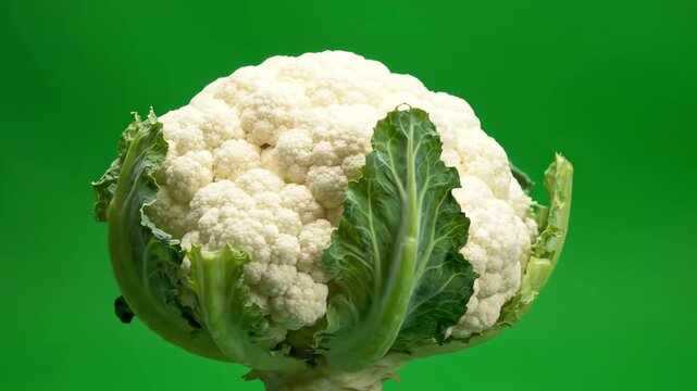 Slow motion rotation of a raw white cauliflower with green leaves isolated on a chroma key background