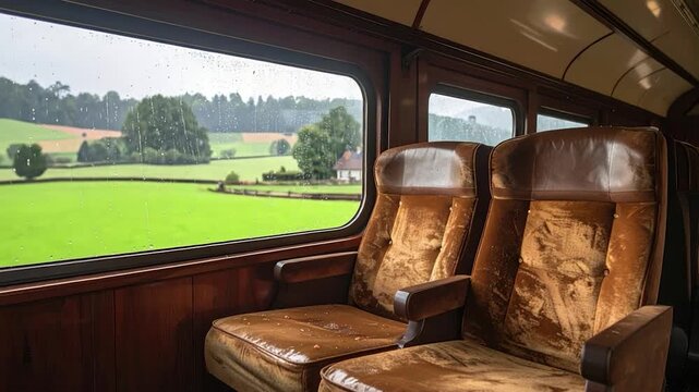 Train interior with weathered chairs and a rainy landscape view
