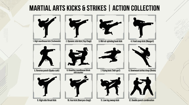 Martial Arts Kicks and Strikes Silhouettes Collection: Dynamic Action Poses for Sports and Combat Training
