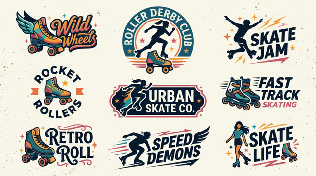 Retro Roller Skate Badges and Logos: Wild Wheels, Rocket Rollers, Urban Skate Co., Speed Demons, Skate Life