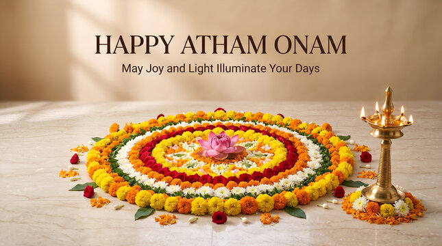 Happy Atham Onam Pookalam Floral Celebration Vector Banner
