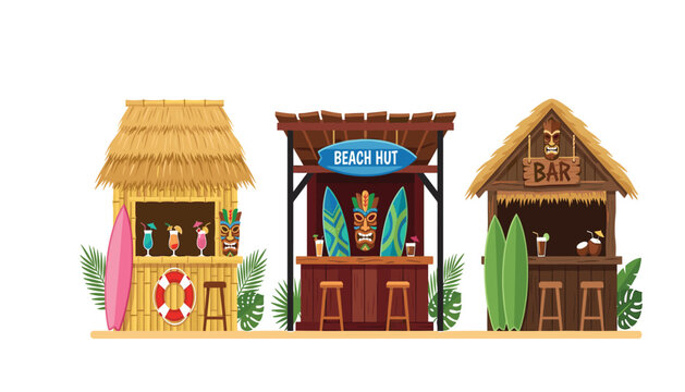 Tropical tiki beach bar and surf hut vector set with cocktail drinks surfboards and hawaiian decorations isolated on white background