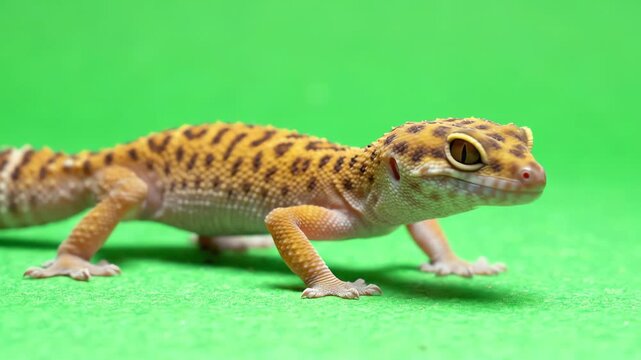 Small leopard gecko walking slowly across a bright green screen background with detailed skin textures and reptilian movements