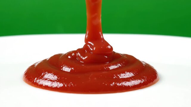 Thick red tomato ketchup pouring onto a flat surface against a bright green screen chroma key background