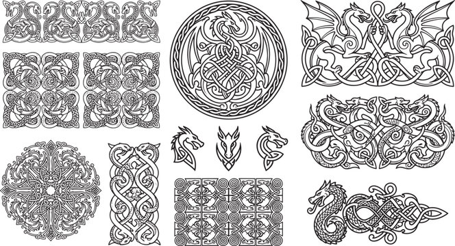 Collection of detailed dragon integrated with celtic knotwork, braided borders, and decorative circular frames on white