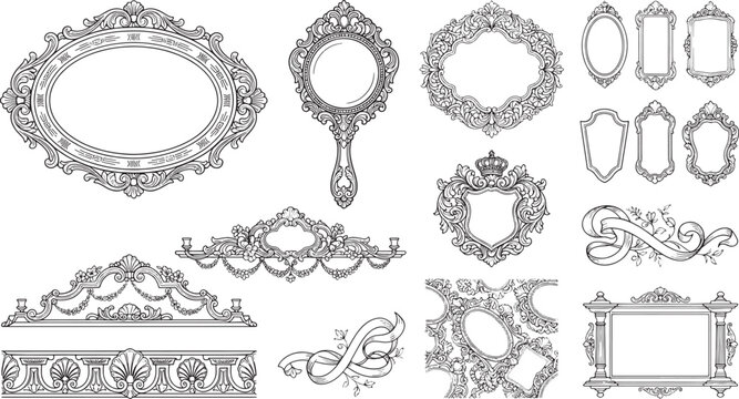 Detailed black and white collection of ornate frames, hand mirrors, heraldic shields, decorative borders, and scrolls on white background