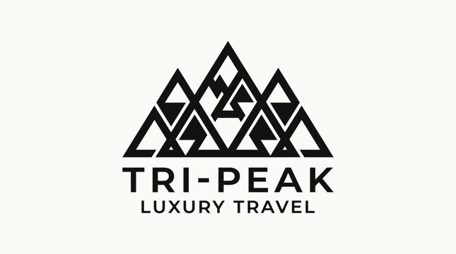Tri-Peak Luxury Travel Logo: Abstract Geometric Mountain Peaks and Text on White Background