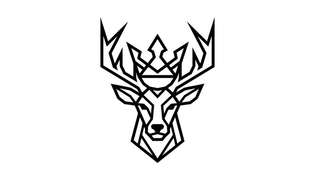 Geometric Deer Head with Crown Logo, Minimalist Line Art, Abstract Animal Symbol, Vector Illustration