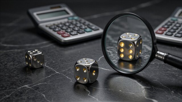 Dice, calculators and magnifying glass suggest risk assessment or gambling analysis.