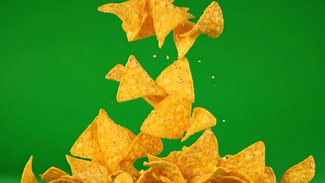 Tortilla chips falling and tumbling downwards in slow motion against a professional chroma key green screen background for compositing