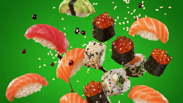 Various delicious sushi rolls and fresh nigiri pieces falling through the air in slow motion against a bright green screen background
