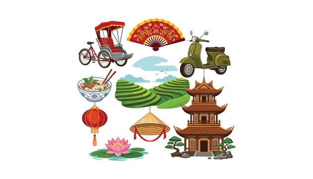 Vietnam travel culture vector set with asian pagoda temple terraced rice fields cyclorickshaw folding fan and noodle soup on white background