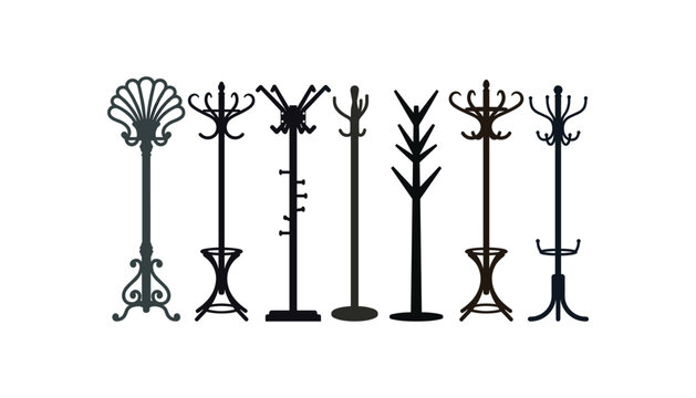Vintage and modern coat rack stand silhouettes vector set with classic wooden furniture and metallic hanger hooks on white background