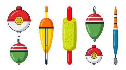 Collection of various colorful fishing bobbers and floats for angling equipment © azrha