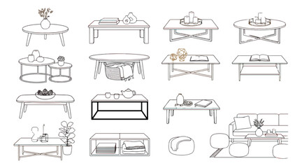 Minimalist coffee table line art icons, modern living room furniture set, 16 vector illustrations © usmi