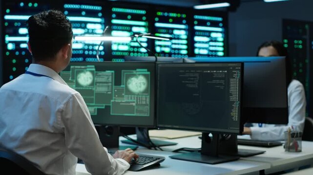 Male engineer responds to a firewall breach in a high tech server hub, balancing firewall breach response, data protection and security monitoring while supporting secure computing services