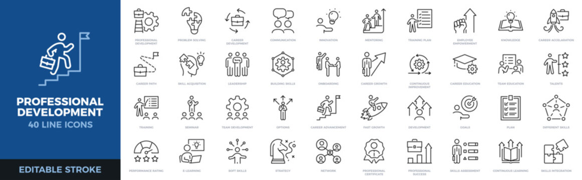 Professional development icon set. Career growth, training and skill building thin line icons. Editable stroke vector illustrations.