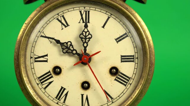Vintage analog clock face with ticking second hand isolated on chroma key green screen background for video editing