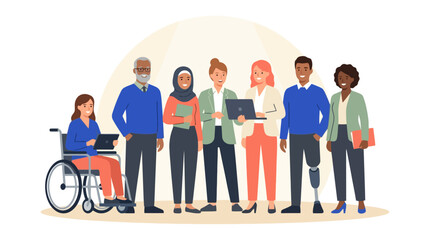 Obraz premium Diverse group of professional people with disabilities working together in office. EPS Editable. Vector Illustrations.