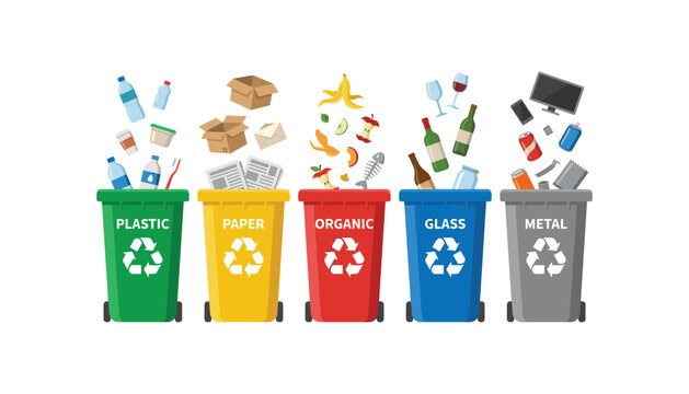 Waste sorting and recycling bins vector set with plastic paper organic glass and metal trash classification isolated on white background
