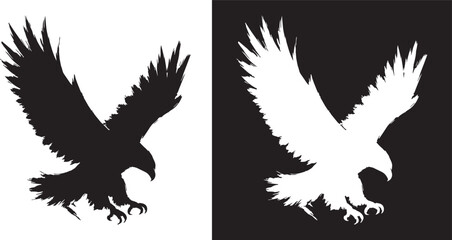 Fototapeta premium Hand Drawn Ink Brush Eagle Silhouette In Flight Vector Illustration Isolated On White And Black Background