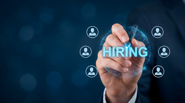 Modern recruitment technology interface showing holographic hiring process with digital employee selection network