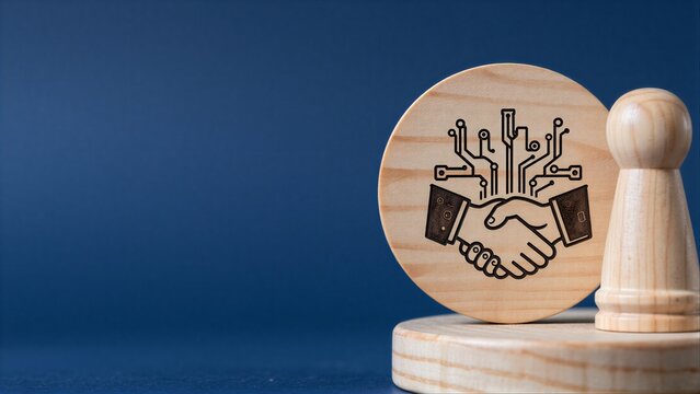 Wooden chess piece and circular board with circuit handshake design.